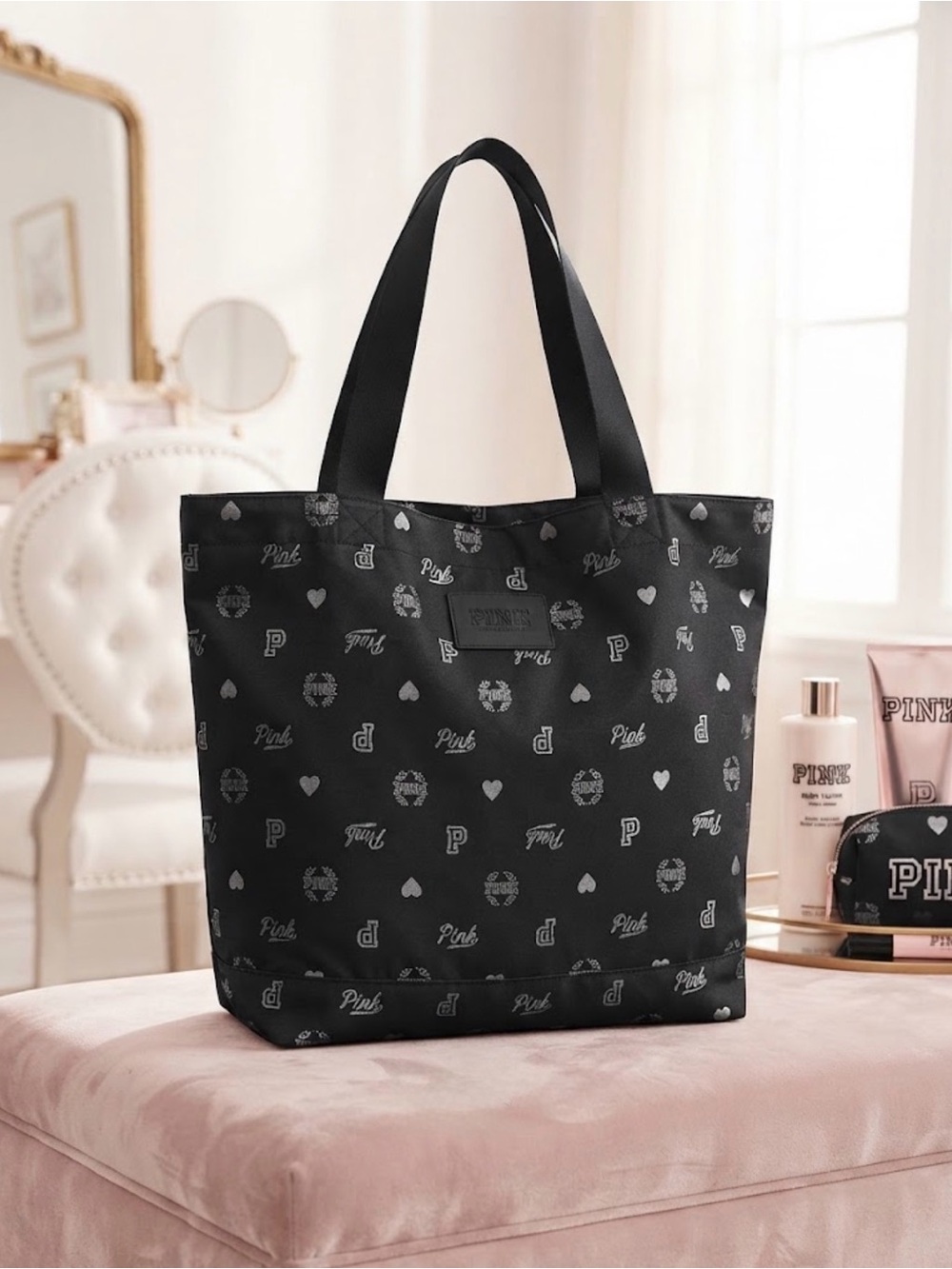 PINK Victoria's Secret Black Logo Pattern Tote